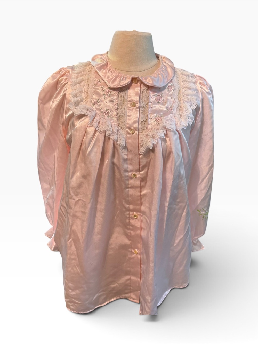 VTG 90s Nicole Pajama Top Nightgown Pink Floral Lace Ruffle Victorian Sz Medium